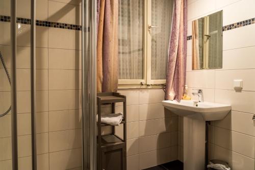 ein Bad mit einem Waschbecken und einer Dusche in der Unterkunft Alte Lateinschule in Quedlinburg
