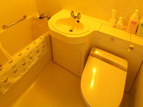 a bathroom with a toilet and a sink at Pension Moon Villa in Onna