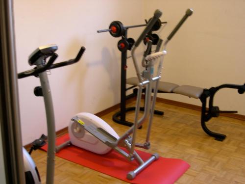 a gym with two exercise bikes and a treadmill at Hotel Eden in Orbassano
