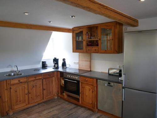 eine Küche mit Holzschränken und einem Kühlschrank aus Edelstahl in der Unterkunft Ferienhaus Am Skihang in Kurort Altenberg
