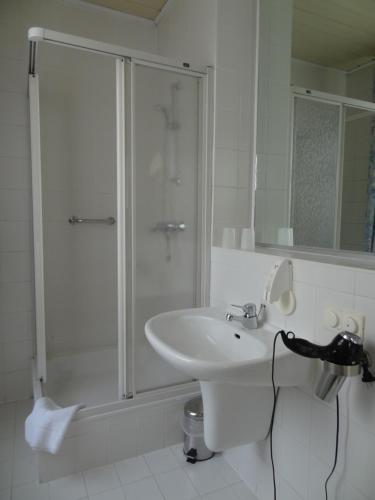 a white bathroom with a shower and a sink at Hotel Elisenhof in Chemnitz