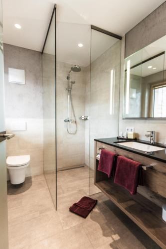 a bathroom with a shower and a sink and a toilet at Aktivhotel Tuxerhof in Zell am Ziller