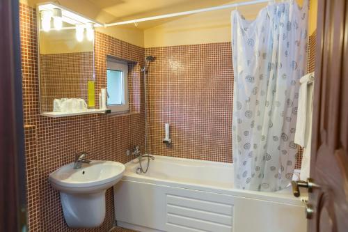 La salle de bains est pourvue d'un lavabo, d'une baignoire et de toilettes. dans l'établissement Hotel Transilvania, à Sighişoara