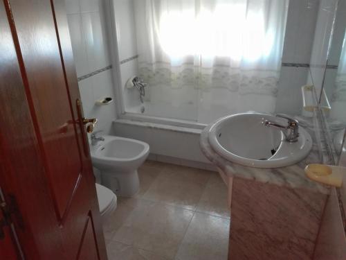 ein Bad mit einem Waschbecken, einem WC und einer Dusche in der Unterkunft Apartamentos Esther in Sanxenxo