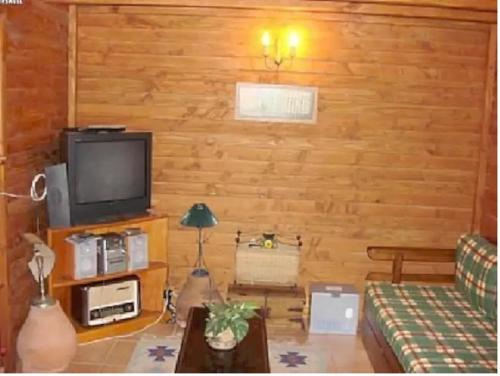 a living room with a couch and a tv at Ocean View Cottage in Arco da Calheta