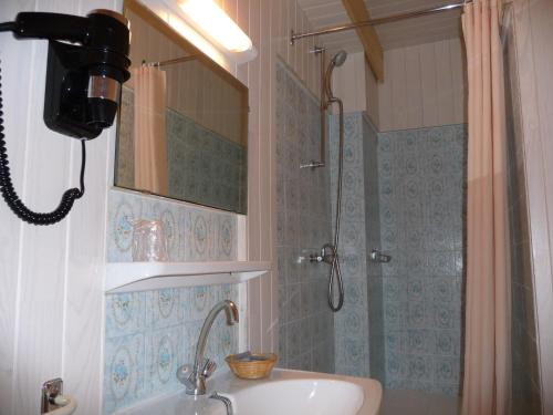 a bathroom with a shower and a sink and a shower at Hôtel L'Amoulat in Gourette