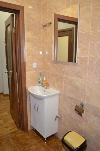 y baño con lavabo, espejo y aseo. en Hostel Korona, en Verbovatovka