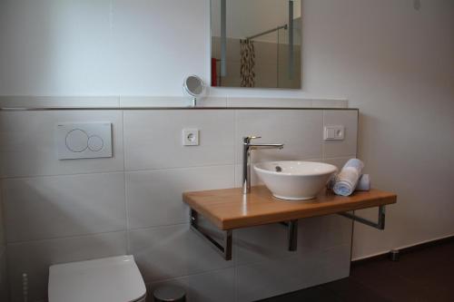 een badkamer met een wastafel en een toilet bij Gästehaus Dörflinger in Ühlingen-Birkendorf