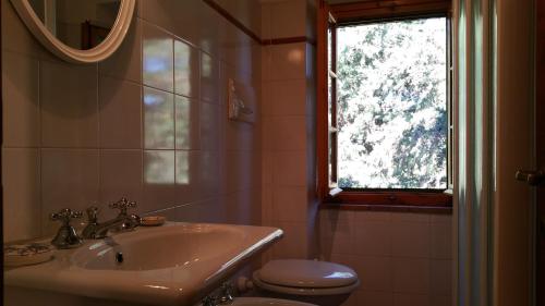 a bathroom with a sink and a toilet and a window at Colonica Montebeni in Greve in Chianti
