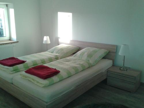 ein Schlafzimmer mit 2 Betten und roten Kissen darauf in der Unterkunft Ferienhaus Poppe in Löningen