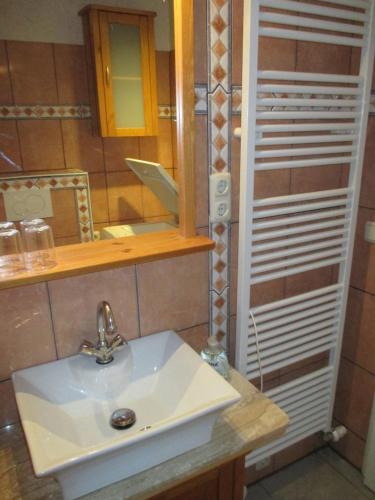 uma casa de banho com um lavatório branco e um espelho. em Stadtoase em Meissen