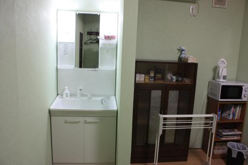 W łazience znajduje się umywalka i lustro. w obiekcie Guesthouse Seiryu Kibako w mieście Ome