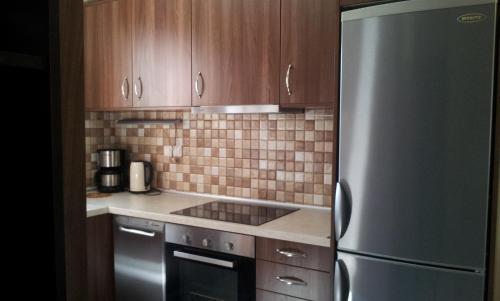 a kitchen with a stainless steel refrigerator and wooden cabinets at Villa Angela in Sikia