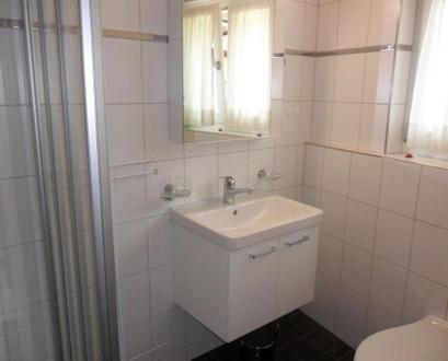 グリンデルワルトにあるプファッフェンステクリの白いバスルーム(洗面台、トイレ付)