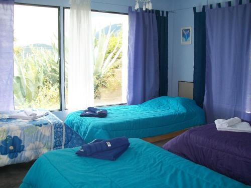three beds in a room with a window at Hosteria Aura Azul (ex Ser Azul) in Capilla del Monte