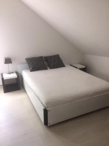 ein weißes Schlafzimmer mit einem Bett und zwei Nachttischen in der Unterkunft Samos Babbis in Heerlen