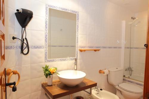 a bathroom with a sink and a toilet and a mirror at Apartamentos Albá Casa Alquesera in Sahun