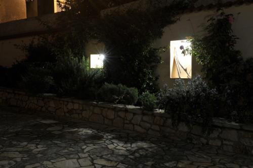 a garden at night with two windows and plants at Grandpa Mate House in Dragove