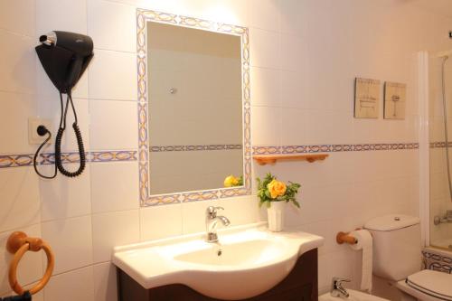 a bathroom with a sink and a mirror and a toilet at Apartamentos Albá Casa Alquesera in Sahun