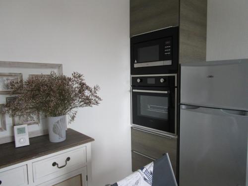 une cuisine avec un réfrigérateur en acier inoxydable et un micro-ondes dans l'établissement Residence St PALAIS, à Saint-Palais-sur-Mer