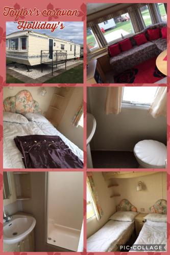 a collage of photos of a tiny house at Taylor's Caravan Holiday's 8 Berth (Coral Beach) in Ingoldmells