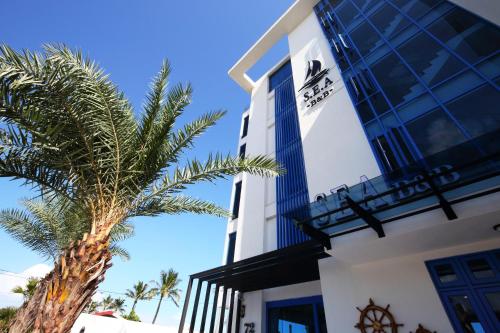 a building with a palm tree in front of it at Hualien S.E.A. B&B in Hualien City