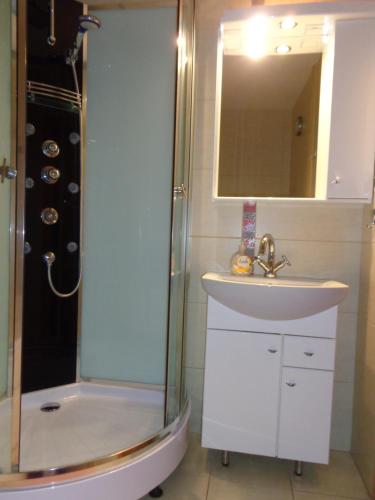 uma casa de banho com um lavatório, um chuveiro e um lavatório. em Apartament na Nowickiego em Nałęczów