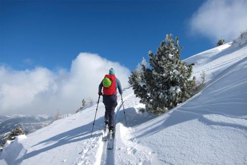 a person on skis walking up a snow covered slope at Feriendorf Tauerngast in Hohentauern