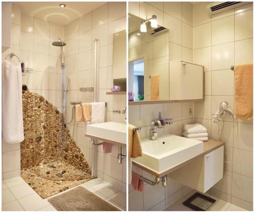 two pictures of a bathroom with a sink and a shower at Lavander Apartments Omiš in Duće