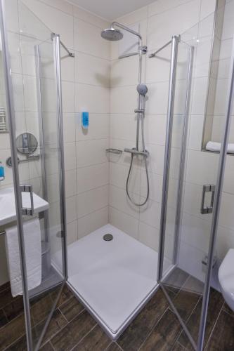 a shower with a glass door in a bathroom at Gasthaus und Landhotel Wiedmann in Eresing