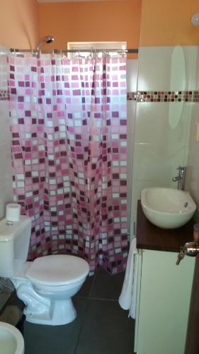 a bathroom with a toilet and a sink and a shower at Carmelo RIVERSIDE Bungalows in Carmelo