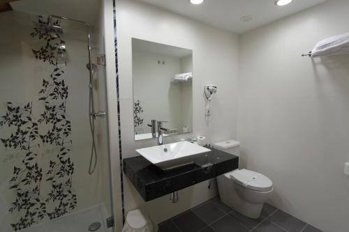 a bathroom with a sink and a toilet and a shower at Hotel & Spa Real Jaca in Jaca