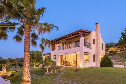 a house with a palm tree in front of it at Villa Russelia in Kalavárda