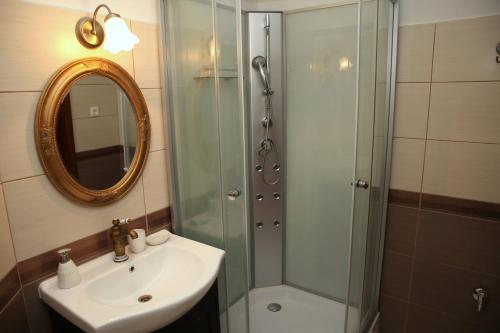 a bathroom with a shower and a sink and a mirror at Rozmaring Pihenőház in Velence