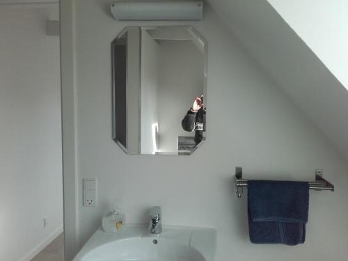 a person taking a picture of a mirror in a bathroom at Pension Stenvang in Onsbjerg