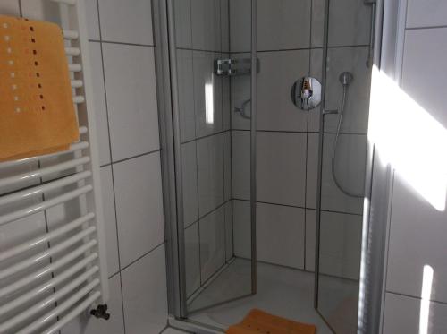 a shower with a glass door in a bathroom at Hotel-Pension Berger in Heidelberg