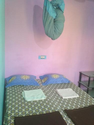 a small bedroom with a bed with blue and pink walls at Mayuram Homestay in Hampi