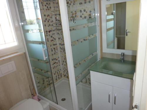 un bagno con doccia e lavandino di Le Calypso a Marseillan