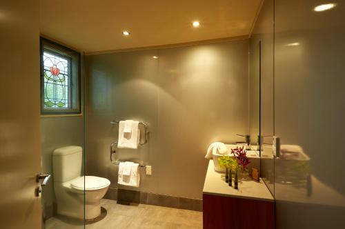 a bathroom with a toilet and a sink and a mirror at Awaroa Lodge in Awa-iti