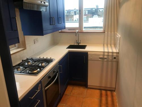 a kitchen with blue cabinets and a stove and a window at Wix's Lane in London