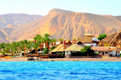 a town on a beach with mountains in the background at Steigenberger Hotel & Nelson Village, Taba in Taba