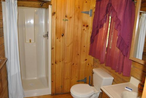 a bathroom with a toilet and a shower and a sink at Robin Hill Camping Resort Two-Bedroom Cottage 6 in Lenhartsville