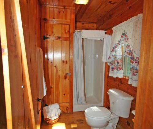 a bathroom with a toilet and a shower in a cabin at Robin Hill Camping Resort Deluxe Cottage 13 in Lenhartsville