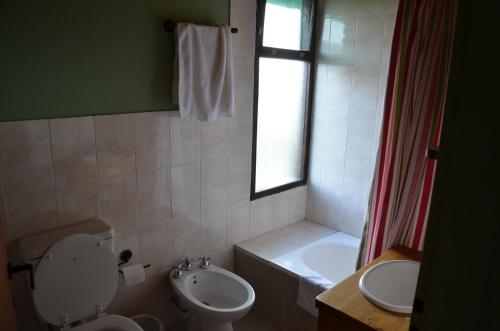 baño con aseo y lavabo y ventana en Ruta 71 en Trevelín