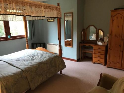 a bedroom with a bed and a dresser and mirror at Drumbuie Farm B&B in Drumnadrochit