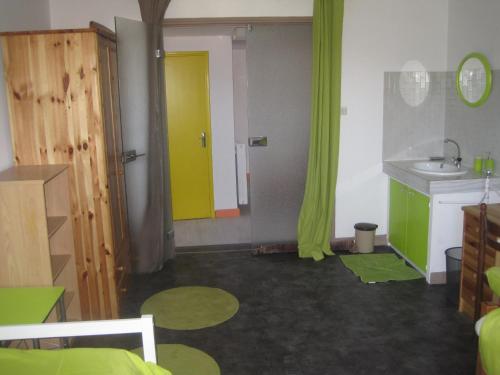 a room with a bathroom with a sink and green curtains at Maison Saint Louis in Paray-le-Monial