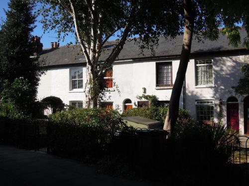 Una casa blanca con un árbol delante. en Pretty Victorian Cottage en Portsmouth
