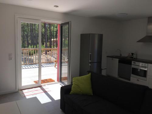 un salon avec un canapé et une cuisine dans l'établissement Villa Orchidee, à Lacanau-Océan