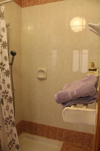 a bathroom with a shower with purple towels at South Pacific Flat 2 in Marsaskala
