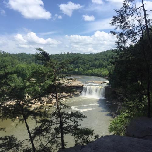 a waterfall in the middle of a river at Cumberland Falls State Resort Park in Honeybee